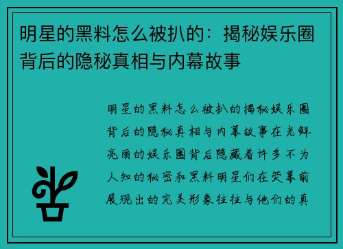 明星的黑料怎么被扒的：揭秘娱乐圈背后的隐秘真相与内幕故事